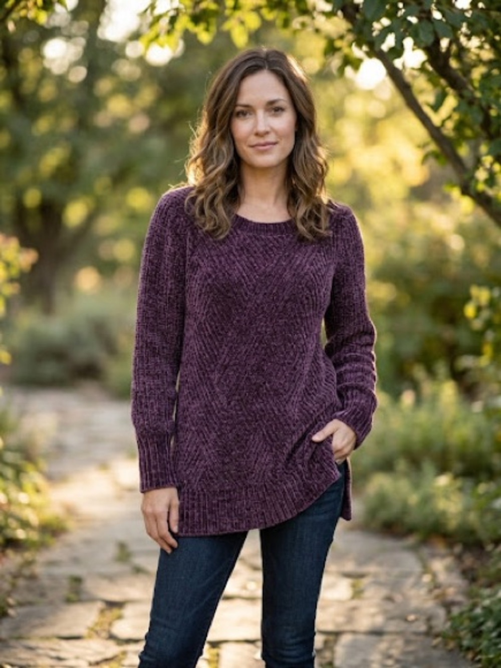 SOFT SURROUNDINGS Chenille Sweater Tunic medium Merlot Reddish Purple Crew Neck